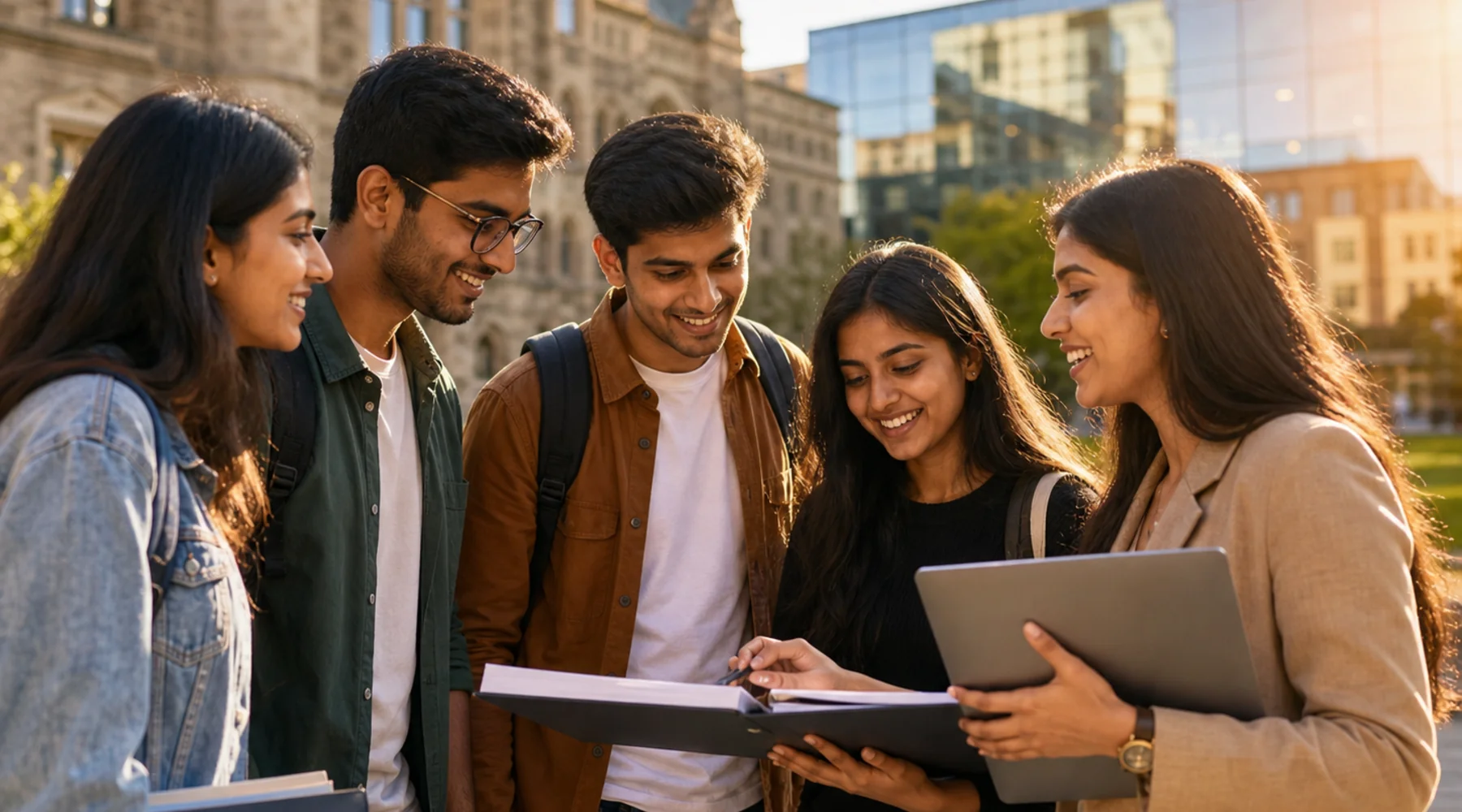 Indian students discussing German university admissions with a study abroad consultant on campus