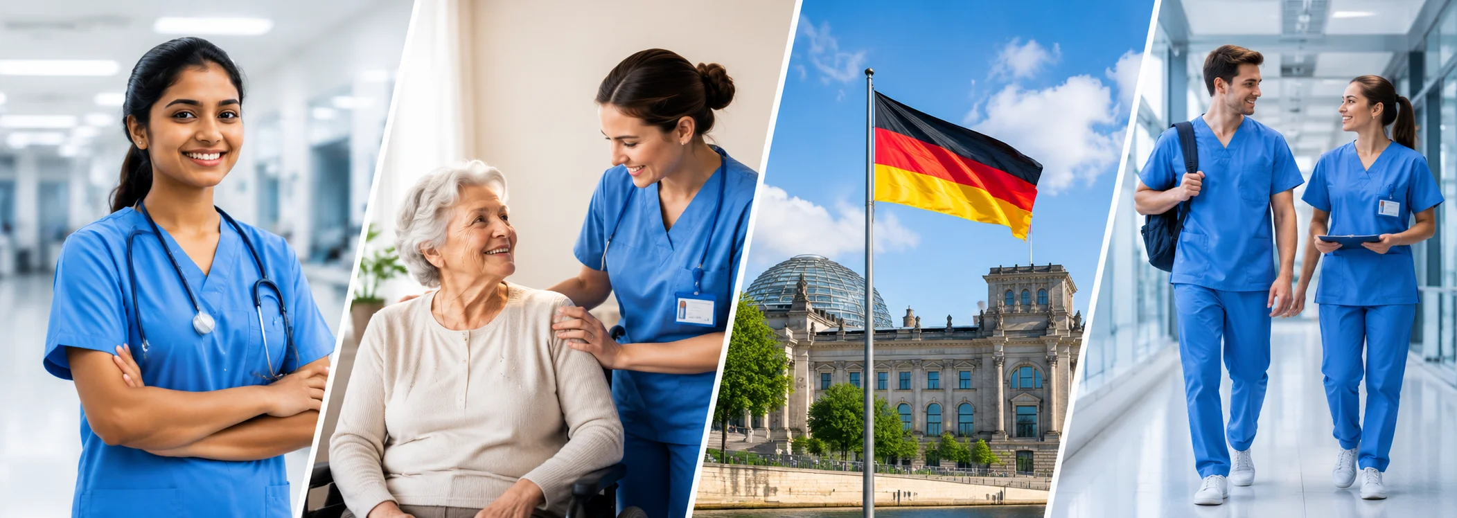 International nursing trainees on an Ausbildung program in Germany — caring for elderly patients, walking through a German hospital, with the Reichstag in Berlin