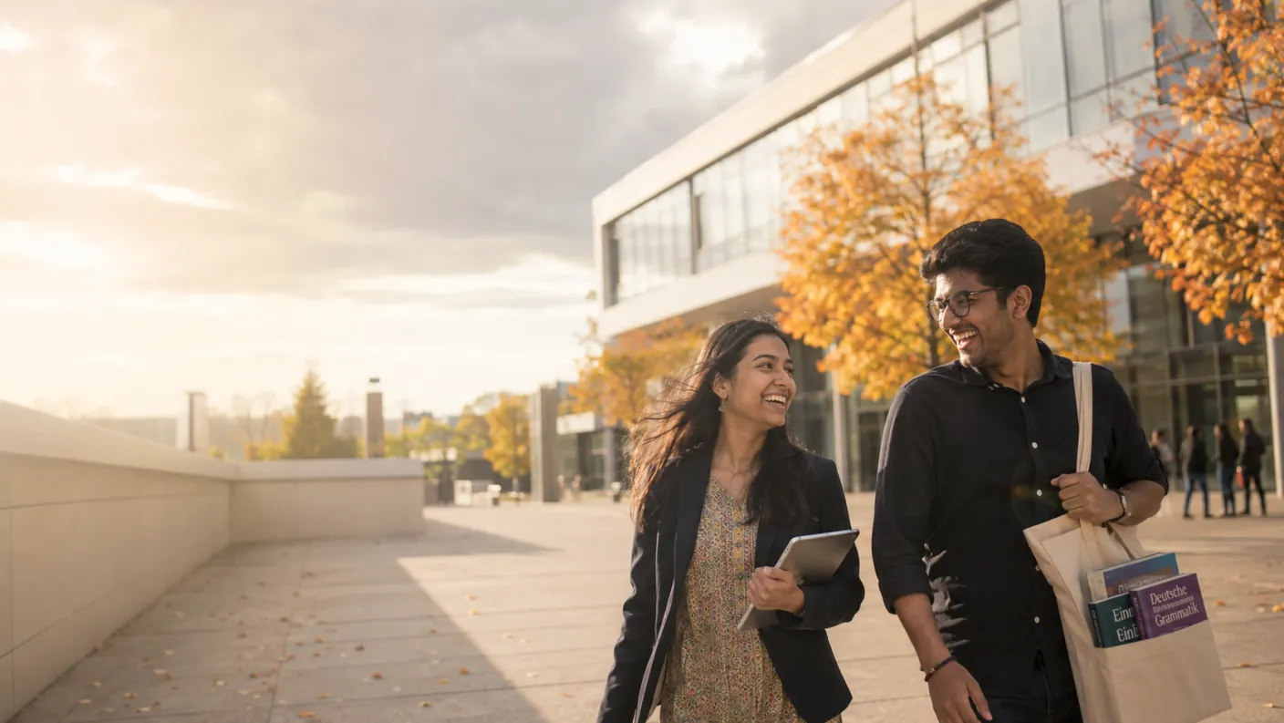 International students walking across a German university campus with German grammar books