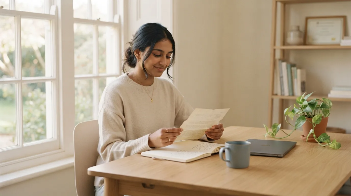 A student reading a scholarship award letter at her desk