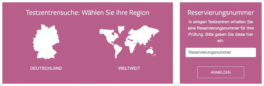 The g.a.s.t. test-centre search, showing the Deutschland and Weltweit region buttons next to a reservation-number box