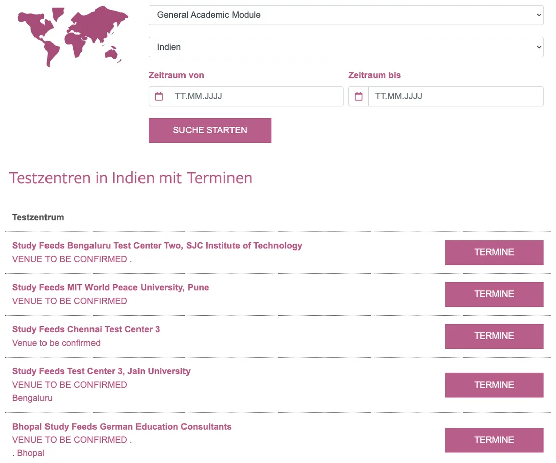 The worldwide search form set to General Academic Module and Indien, with the resulting list of Indian test centres below it