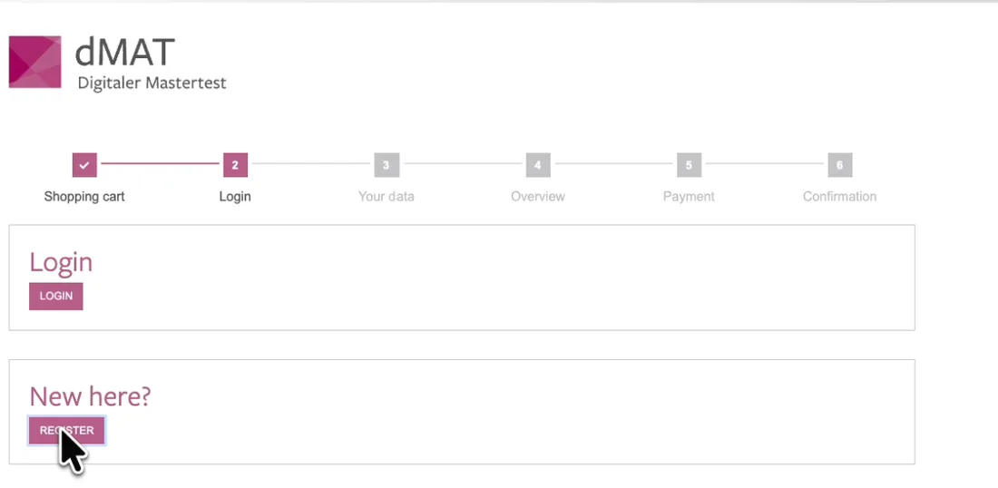 The login step of the dMAT booking flow, offering a login button and a register button for new users