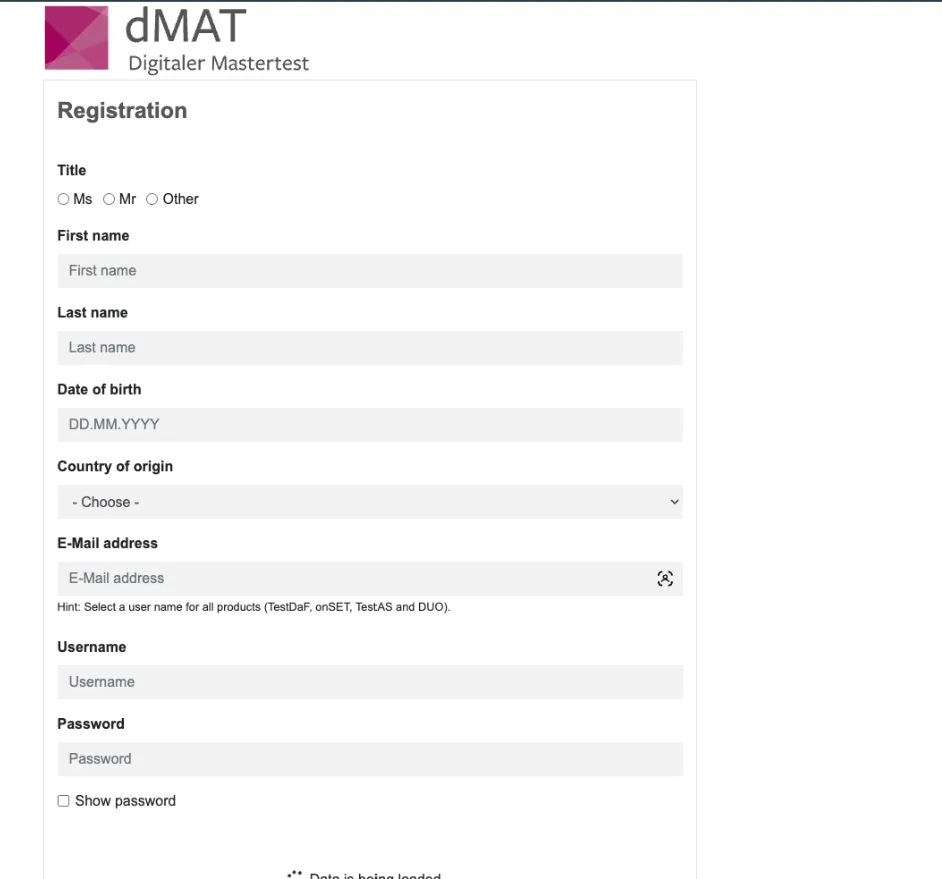 The dMAT registration form with fields for title, first name, last name, date of birth, country of origin, email address, username and password