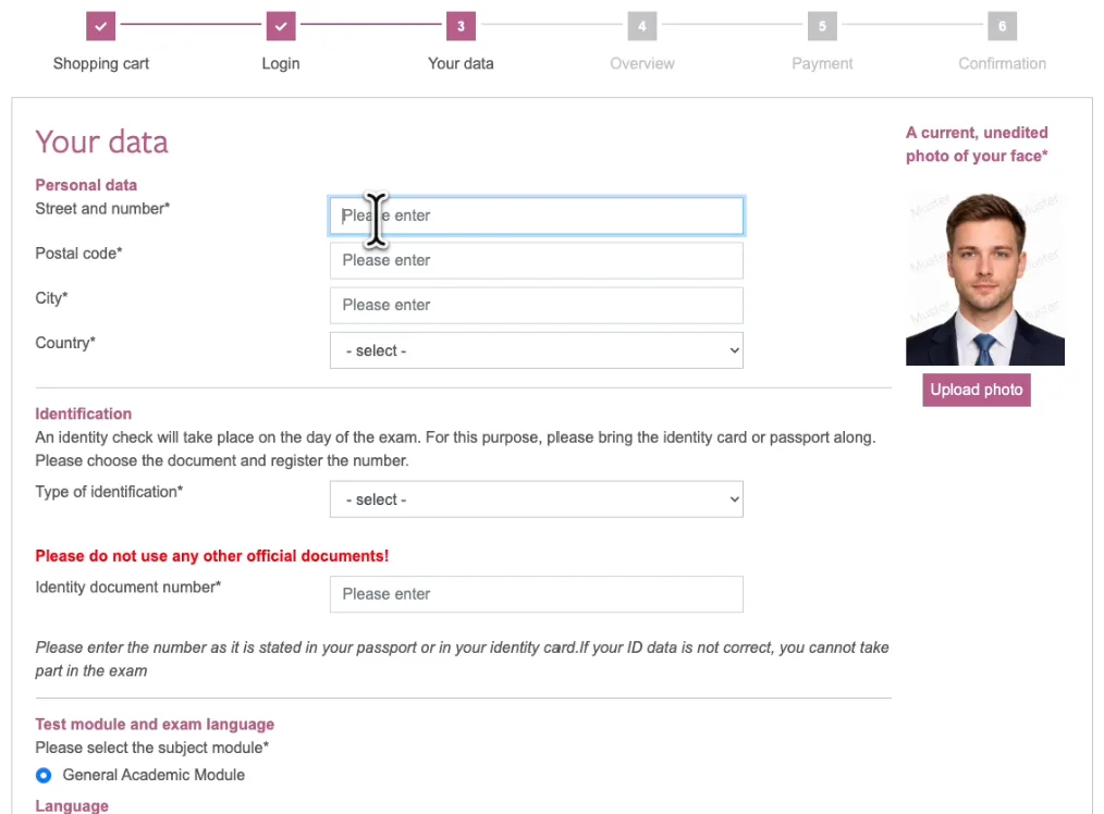 The Your data step showing address fields, the identification type and document number fields, and the photo upload panel