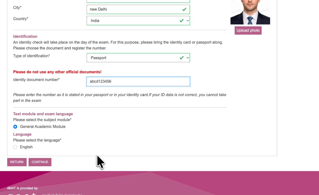 The lower half of the Your data form, filled in with city New Delhi, country India, passport as identification type, General Academic Module and English