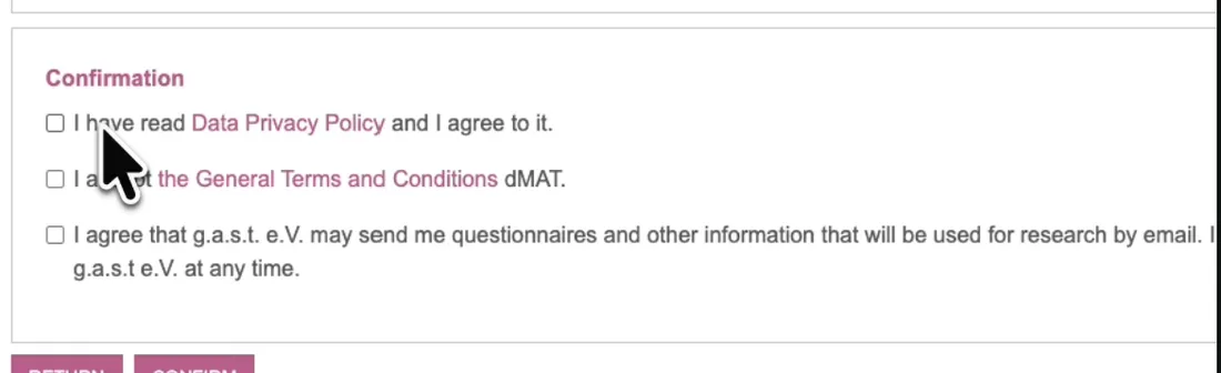 The confirmation step with three checkboxes covering the data privacy policy, the dMAT terms and conditions, and optional research emails