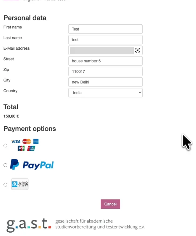 The dMAT payment page showing a total of 150 euros and the card, PayPal and Alipay payment options